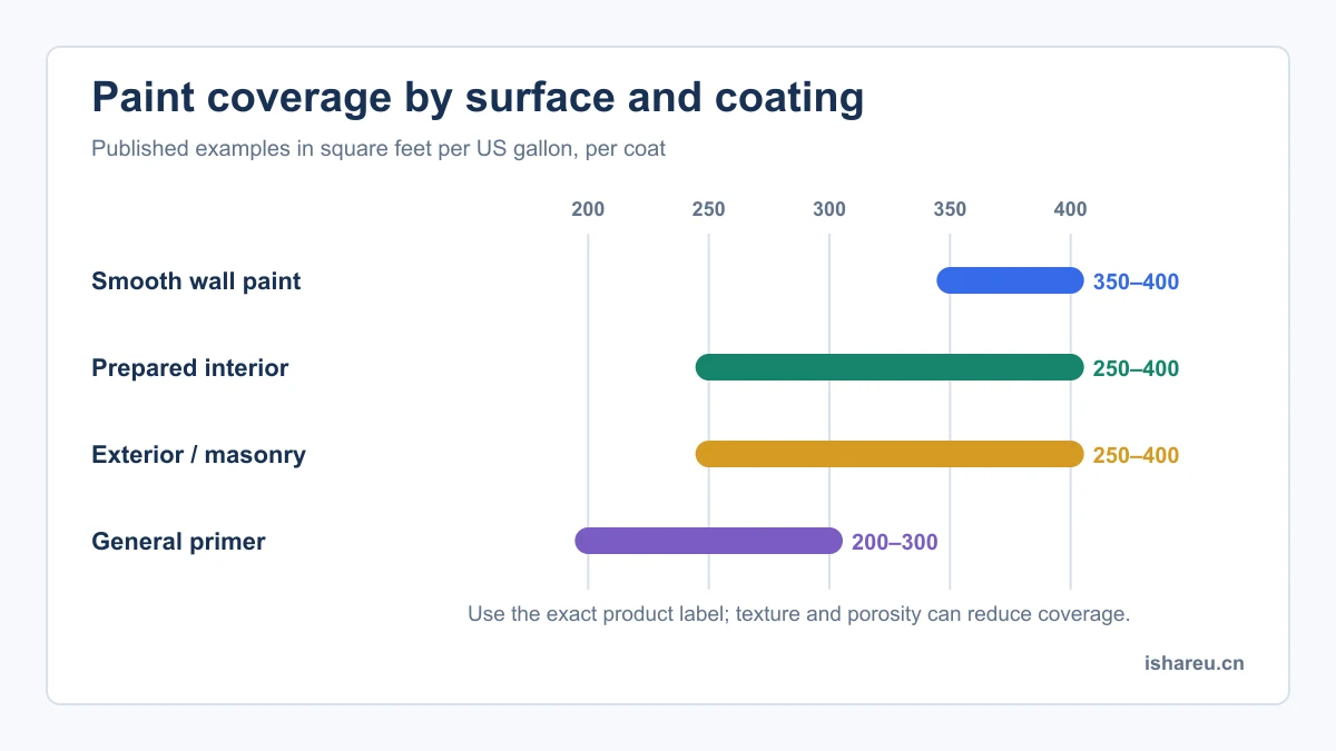 Paint coverage rates by surface and coating type chart